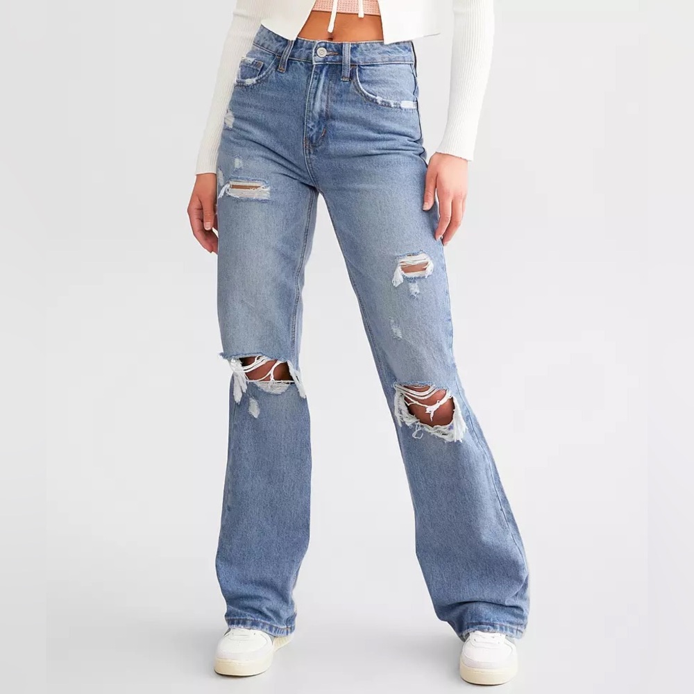 Flying Monkey Light Blue Distressed Straight Leg Jeans